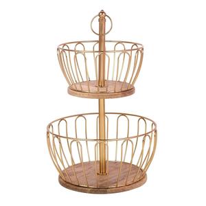 2-Tier Eco-Friendly Vintage Gold Wire Fruit Basket with Wooden Base Metal Countertop Holder & <b>Vegetable</b> Storage <b>Stand</b> - Product Image 1