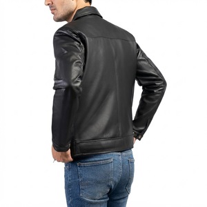 Veste de moto pour homme en cuir de vache véritable, écologique, coupe-vent, col rabattable, fermeture éclair, coupe classique, noir uni, style automne - Product Image 2