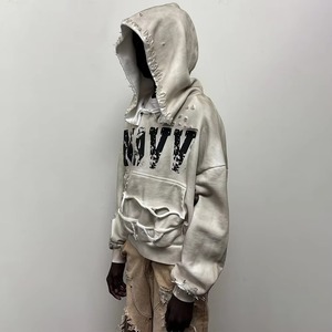 Custom Dirty Wash Vintage Print Jacket Hanging Mill <b>Clips</b> Distressed Rip Hole Cut <b>Collar</b> Cropped Double Layer Thermal Hoodie Men - Product Image 2