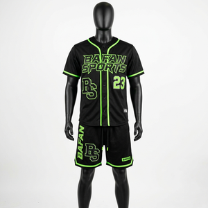 Ensemble short et maillot de baseball en polyester 160 GSM, maille œil-de-perdrix, noir et rose, avec logos personnalisés pour homme - Product Image 2
