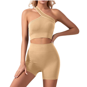 Conjunto de Yoga de Dos Piezas con Hombro Descubierto, Pantalones Cortos de Cintura Alta, Color Sólido, Transpirable, Sin Costuras, Elástico, Ropa Deportiva - Product Image 5