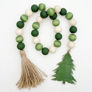 Guirnalda de Cuentas de Madera Hecha a Mano para Árbol de Navidad con Borla de Yute, Decoración Rústica Verde y Crema para Bandeja Escalonada Navideña, Venta al por Mayor a Granel - Product Image 1