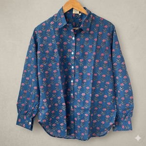 Camisa de Algodón Tejido con Estampado Floral Azul para Mujer, Manga Larga con Botones, Corte Regular, Cuello Clásico, Casual, Primavera-Verano - Product Image 3