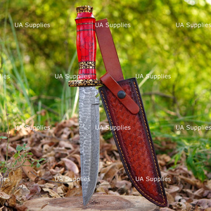 Cuchillo de Caza de Hoja Fija de Acero de Damasco Hecho a Mano, Personalizable OEM ODM, con Mango de Piedra Preciosa de Turquesa Estabilizada y Detalles de Latón - Product Image 2