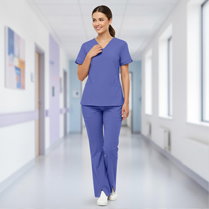 Conjunto de Uniforme Médico Unisex Azul, Top con Cuello en V y Pantalones, Ropa de Trabajo para Hospital, Enfermería, Tejido de Punto de Algodón y Poliéster - Product Image 2