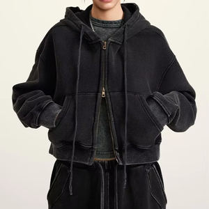 Sudadera con capucha de moda con cordón, estilo acid wash, para otoño, tipo cárdigan corto de punto grueso y cálido, de algodón deportivo para mujer, con forro ecológico. - Product Image 2