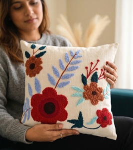 Premium Hand-Crafted Square Cotton Bohemian Floral <b>Cushion</b> <b>Cover</b> with Vibrant Color-Blocked Design for Home Use - Product Image 1