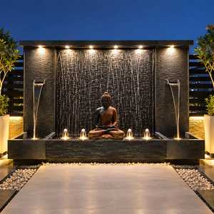 Fontaine d'eau murale extérieure en pierre Bouddha, grande statue de méditation lumineuse, finition polie, design élégant - Product Image 2