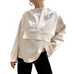 Sudadera con Capucha Oversize para Mujer, Color Blanco Sólido, Diseño Asimétrico, Hombros Caídos, Manga Larga, Mezcla de Algodón, Tejido Personalizado - Product Image 2