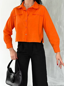 Chemisier court en coton pour femme, style vintage, manches longues, boutonné, chic et décontracté, mode estivale, orange - Product Image 2