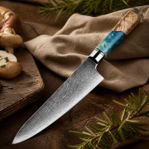 Couteau de Chef Personnalisé en Acier Damas avec Manche en Bois d'Olivier, Couteau de Cuisine avec Étui en Cuir, Fait Main, Tranchant pour Viande et Légumes - Product Image 2