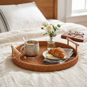 Customized Oil Rubbed Multi-Function Rattan Wicker Decorative Serving <b>Tray</b> Basket for Home Decor and Coffee <b>Table</b> - Product Image 4