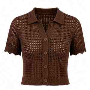 Custom Logo Women's Brown Hand Knitted Short Sleeve <b>Cardigan</b> With Turn-down Collar Button Closure Breathable Casual <b>Summer</b> Top - Product Image 1