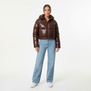 Brown Quilted Puffer Jacket With Hood Full Sleeve Zipper Winter <b>Coat</b> <b>For</b> <b>Women</b> Solid Color Polyester Wadding Thick Coated - Product Image 3
