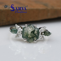 Cincin Perak 925 Wanita dengan Batu Agate Moss Bentuk Heksagon dan Moissanite, Berhiaskan Berlian Model Bunga, Cincin Pertunangan Batu Permata Romantis