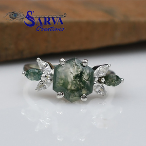 Women's 925 Silver <b>Moss</b> <b>Agate</b> Hexagon Moissanite <b>Ring</b> With Diamond Flower Prong Setting Romantic Gemstone Engagement <b>Ring</b> - Product Image 5