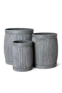 Rustic Round <b>Plastic</b> <b>Planters</b> Outdoor Garden Pots Gray Ribbed Design Set of Three - Product Image 6