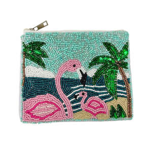 Glass Beaded Flamingo Palm Tree Tropical Beach Coin Purse Handmade Zipper Closure Bohemian Style Mini Unisex - Product Image 1