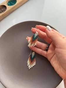 Boucles d'oreilles modernes en perles de verre avec design turquoise et franges cascade, bijoux uniques, cadeau, boucles d'oreilles colorées - Product Image 6