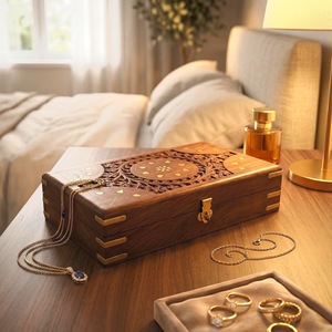 Eco-Friendly Rectangle <b>Wooden</b> <b>Box</b> for Jewelry Gift Storage-Soft Interior for Delicate Items Christmas Chinese New Year Tabletop - Product Image 5
