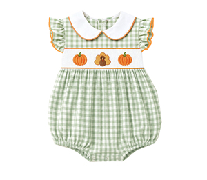 Smocked Thanksgiving Turkey Pumpkin Girls <b>Dress</b> <b>Green</b> <b>Gingham</b> - Product Image 3
