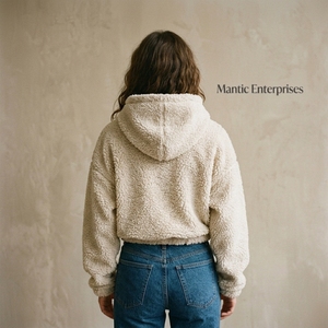 Vente en gros de sweats à capuche en coton pour femmes, à capuche courte, avec cordon de serrage, en polaire sherpa beige, vêtements de sport - Product Image 2