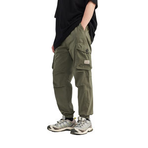 Pantalon cargo pour homme en toile respirante, couleur vert olive, taille élastique, plusieurs poches, style décontracté, pour l'automne - Product Image 4