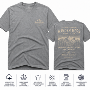 เสื้อยืดแขนสั้นสีเทาสำหรับผู้ชาย Wanderlust คอกลม ทรงปกติ ผ้าฝ้ายเทอร์รี่ 100% พิมพ์ลายตัวอักษร เป็นมิตรกับสิ่งแวดล้อม สไตล์ลำลอง - Product Image 1