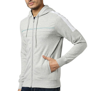 Men's Gray <b>Hooded</b> <b>Zip</b>-Up Sweatshirt With White Stripes And Pockets Casual Fit - Product Image 4