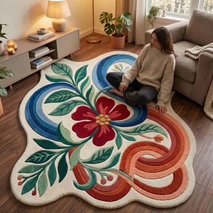 Tapis moderne à motifs floraux, tapis en laine botanique irrégulier, tapis décoratif coloré à fleurs et feuilles en peluche pour salon, chambre à coucher, maison - Product Image 4