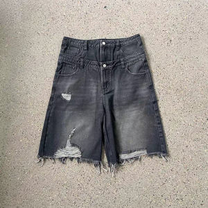 Shorts Bermuda en jean déchiré taille haute pour homme, style décontracté, délavé uni, braguette boutonnée, ourlet effiloché - Product Image 4
