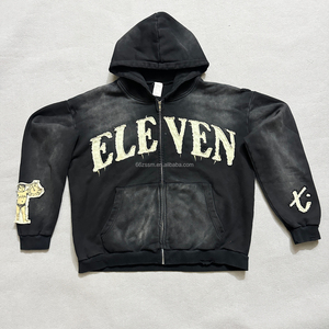 Sudadera con capucha unisex gótica de algodón grueso con cremallera, parche de letras personalizado bordado, estilo streetwear, con pedrería y efecto desgastado. - Product Image 4
