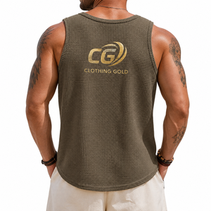 Camiseta sin mangas de punto gofrado dorada para hombre, con logo personalizado, ropa deportiva informal, fabricante OEM - Product Image 2
