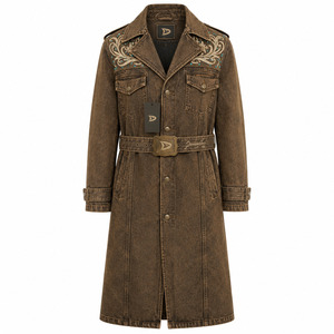 Manteau long en jean pour homme style western, marron tabac délavé, brodé, avec ceinture - Product Image 2