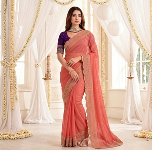 Sari de Seda Coral para Mujer, Blusa Morada, Traje Tradicional Indio para Boda, Largo hasta el Suelo, Corte Regular, Elástico, Protección Solar - Product Image 1