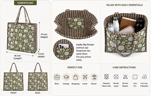 Sac fourre-tout matelassé |   Sac de courses réutilisable en coton |   Grand sac à bandoulière à fleurs |   Sac de transport quotidien pour femmes - Product Image 3