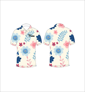 Polo à fleurs blanc, bleu et rose avec accent rouge, motif feuilles, manches courtes, décontracté d'été, vue avant et arrière - Product Image 4