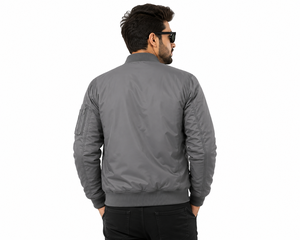Chaqueta Bomber Gris para Hombre, Fabricación OEM Personalizada, Chaqueta de Vuelo Premium con Cremallera Resistente, Cuello y Puños Acanalados para un Estilo Moderno - Product Image 4