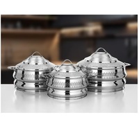 Ensemble de 3 plats ronds en acier inoxydable argenté faits à la main avec couvercle, parfaits pour les mariages, les réceptions et la décoration de table.