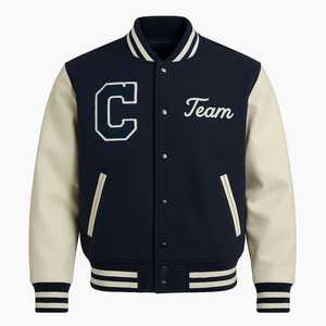 <b>Men's</b> Navy Varsity <b>Jacket</b> With Cream Sleeves Embroidered Team C <b>Letter</b> Preppy Style Regular Fit Autumn Wear - Product Image 2