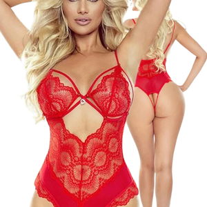 Body en dentelle rouge pour femme, lingerie sexy ajourée avec coussinets de poitrine, gaine sculptante à maintien moyen - Product Image 4