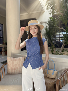 Blusa cruzada sin mangas de lino azul para mujer, estampado de puntos, transpirable, informal, para primavera y verano, MORGAN - Product Image 4