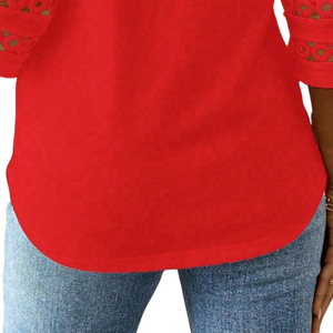 <b>Red</b> Lace Trim <b>Blouse</b> <b>Women</b> Three Quarter Sleeve Round Neck Solid Color Pullover Shirt for Daily Wear - Product Image 5