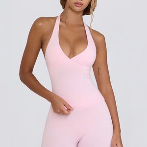 2026 Custom Women's <b>Halter</b> <b>Neck</b> Tank Top Breathable Soft Cotton Knitted Fitness Vest Fashion Wrap Built <b>Bra</b> Solid Front Active - Product Image 1
