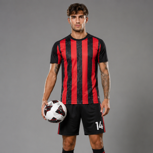 Men's <b>Red</b> Black <b>Striped</b> Soccer Jersey Crew Neck Short Sleeve Moisture Wicking Regular Fit All Seasons Sublimated Print - Product Image 1