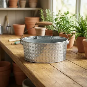 Rustic Galvanized Metal <b>Utensil</b> <b>Holder</b> with Dimpled Finish Wood Handle Heavy Duty <b>Kitchen</b> Organizer Dishwasher Safe Food Safe - Product Image 2