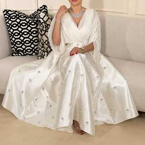 White Satin Embroidered Kaftan Maxi Dress Elegant Modest Evening Gown Designer <b>Bridal</b> Reception Party Dress for Women - Product Image 3
