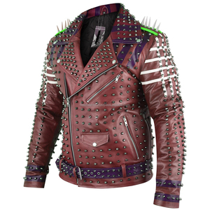 Biker Studded Men <b>Jackets</b> Maroon Cow Hide Leather Fully Handmade Punk Rock Metal Punk Spiked <b>Jacket</b> - Product Image 3