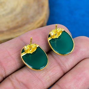 Natural <b>Green</b> Onyx Oval Shape Gemstone Dangle Hook <b>Earring</b> 18k Gold Micron Over 925 Sterling Silver - Product Image 4