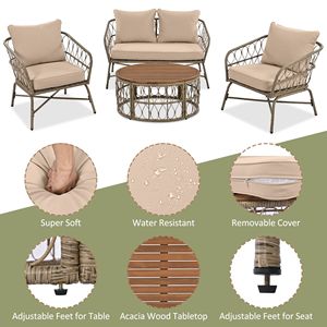 GO Bohemia-Inspired Ensemble de jardin extérieur pour 4 personnes Ensemble de conversation en bois beige avec coussins amovibles - Product Image 5